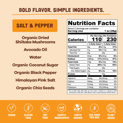Organic salt and pepper mushroom jerky from Pan's Mushroom Jerky, showing the ingredient and nutrition facts card.