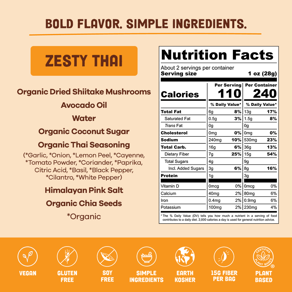 Organic Thai mushroom jerky snack from Pan's Mushroom Jerky, featuring dried mushroom slices with zesty seasoning.