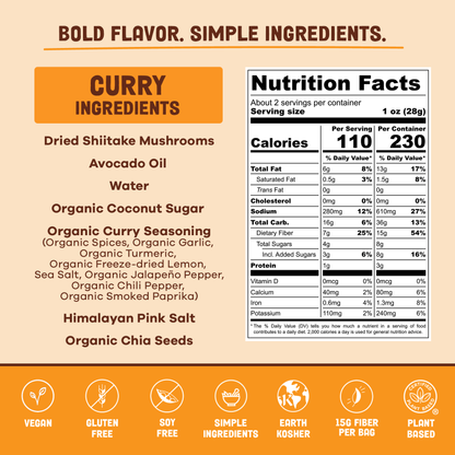 Pan's Curry Mushroom Jerky showing close-up of flavorful mushroom slices coated with curry seasoning.