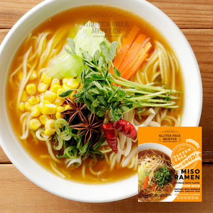 Gluten Free Meister instant ramen variety pack with miso flavor, featuring six packs of quick, easy gluten-free ramen noodles.