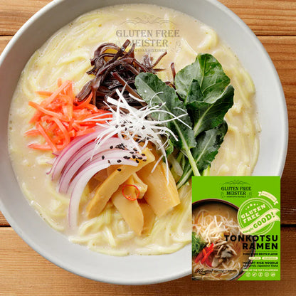 Gluten Free Meister Instant Ramen Tonkotsu flavor in a 6-pack, featuring bowls of creamy pork broth ramen with noodles and toppings.