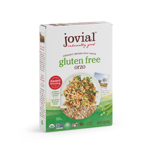 Jovial gluten-free brown rice orzo pasta in a clear jar, showing small, rice-shaped orzo grains ready for cooking.