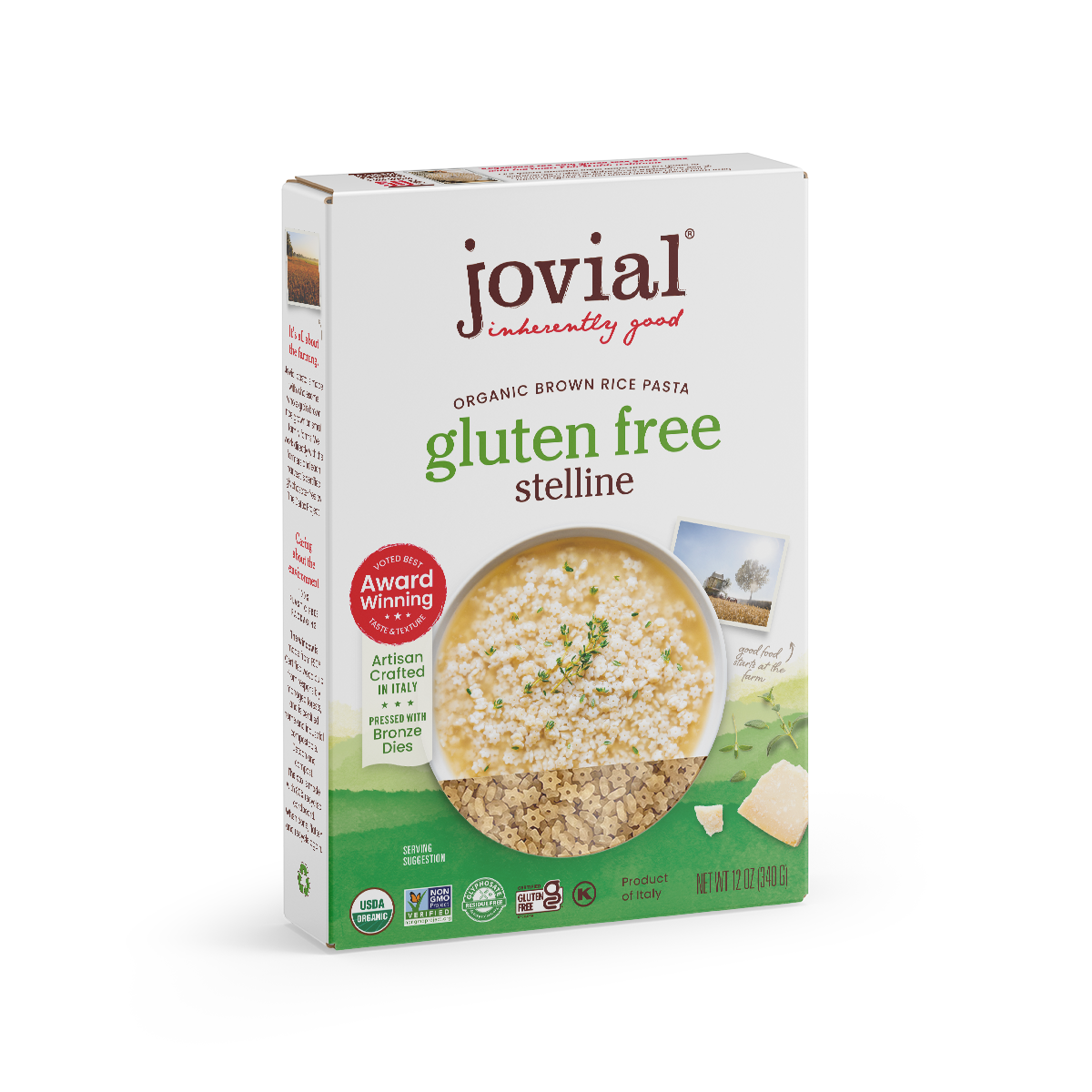 Jovial Gluten Free Brown Rice Stelline pasta in a white bowl, showing small, star-shaped pasta pieces on a neutral background.