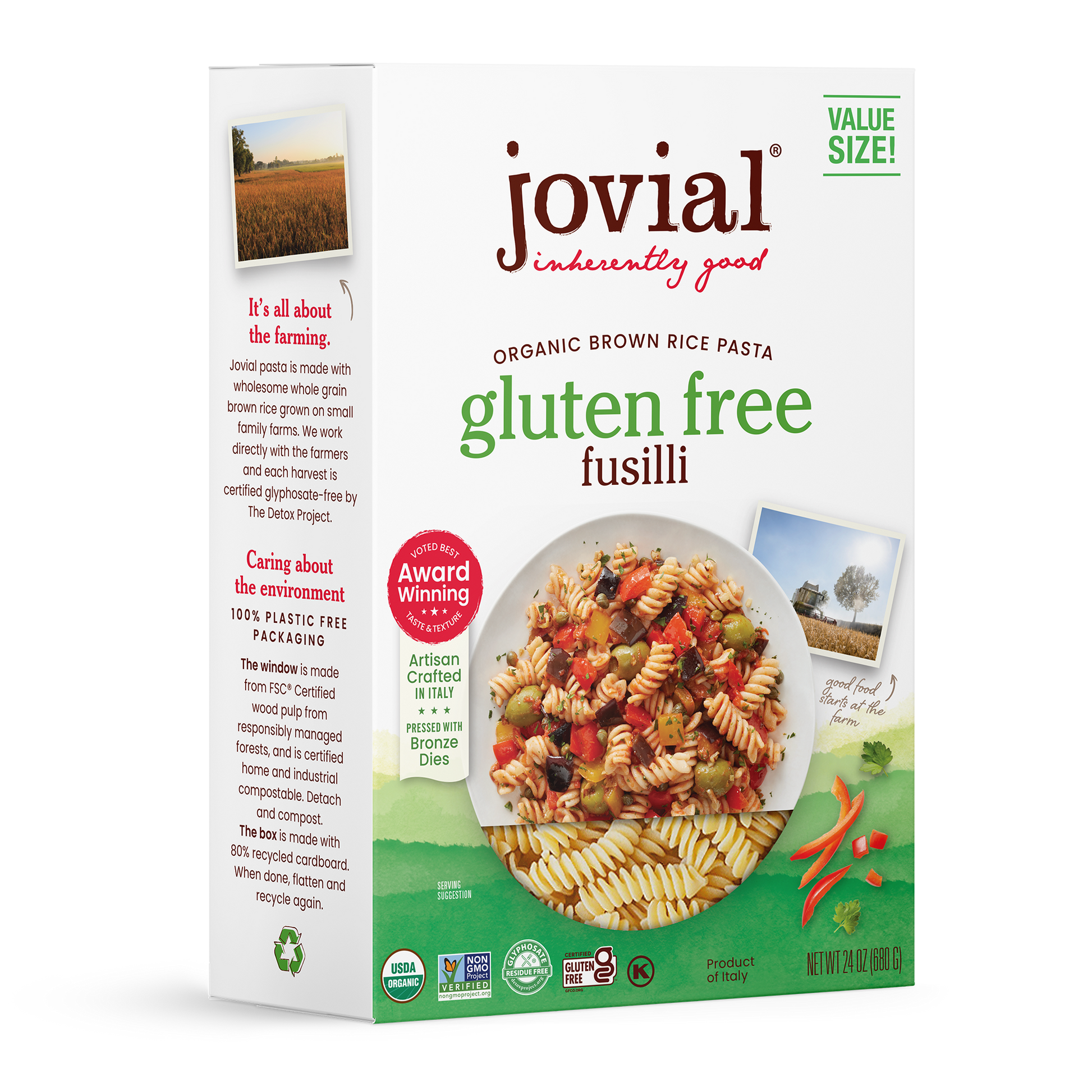 Jovial gluten-free brown rice fusilli pasta in family size package by Jovial Foods, Inc, shown in a clear, close-up view.