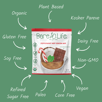 Bare Life dairy-free peppermint hot cocoa mix sachets, single-serving hot chocolate packets with peppermint flavor.