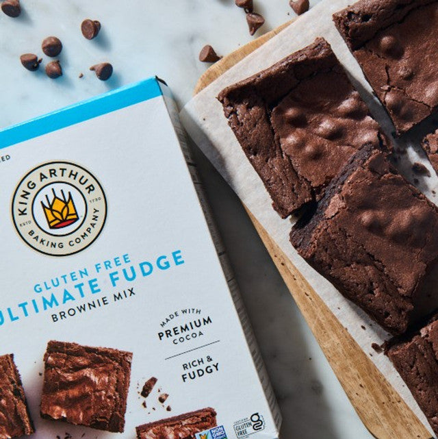 Box of King Arthur Fudge Brownie Mix showing the packaging with brownie mix ingredients and logo.