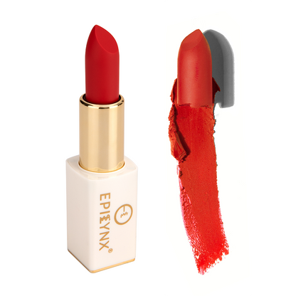 EpiLynx vegan matte lipstick in a magnetic case, showing the hydrating, long-wear lipstick with rich color in a sleek tube.