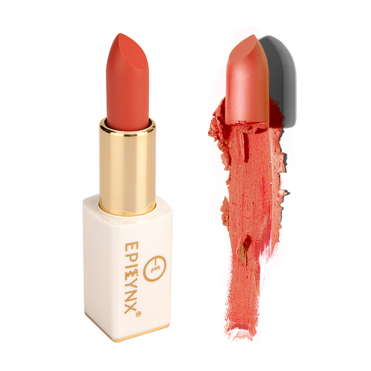 EpiLynx vegan matte lipstick in a magnetic case, showing the hydrating, long-wear formula and sleek packaging.