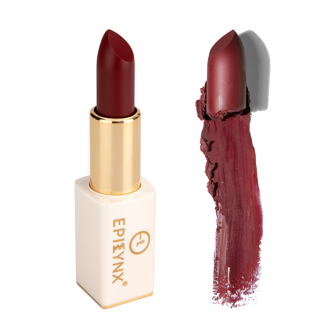 EpiLynx vegan matte lipstick in a magnetic case, showcasing hydrating, long-wear formula with natural, rich lip color.