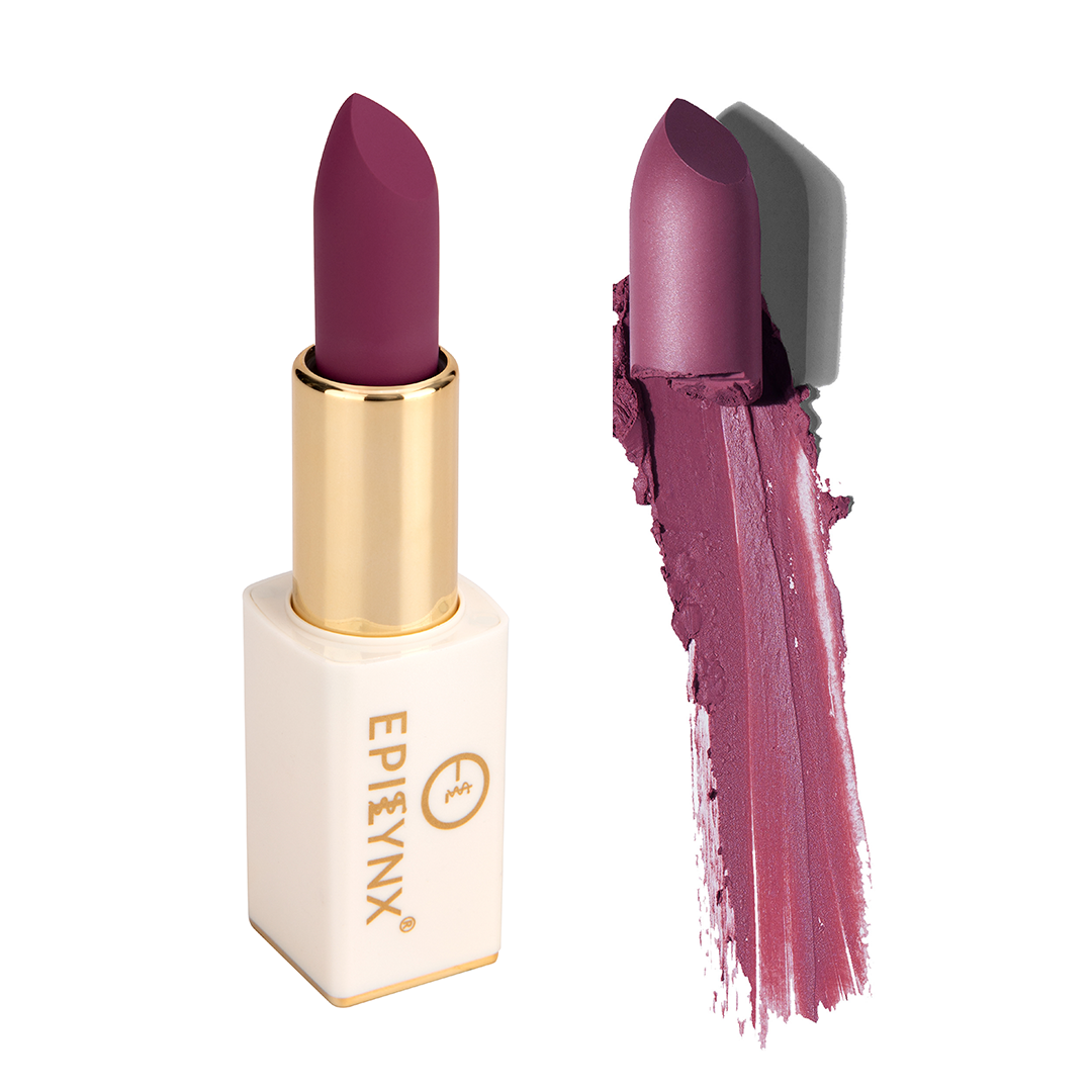 EpiLynx vegan matte lipstick in a magnetic case, showing the hydrating, long-wear lipstick with warm nude shade.