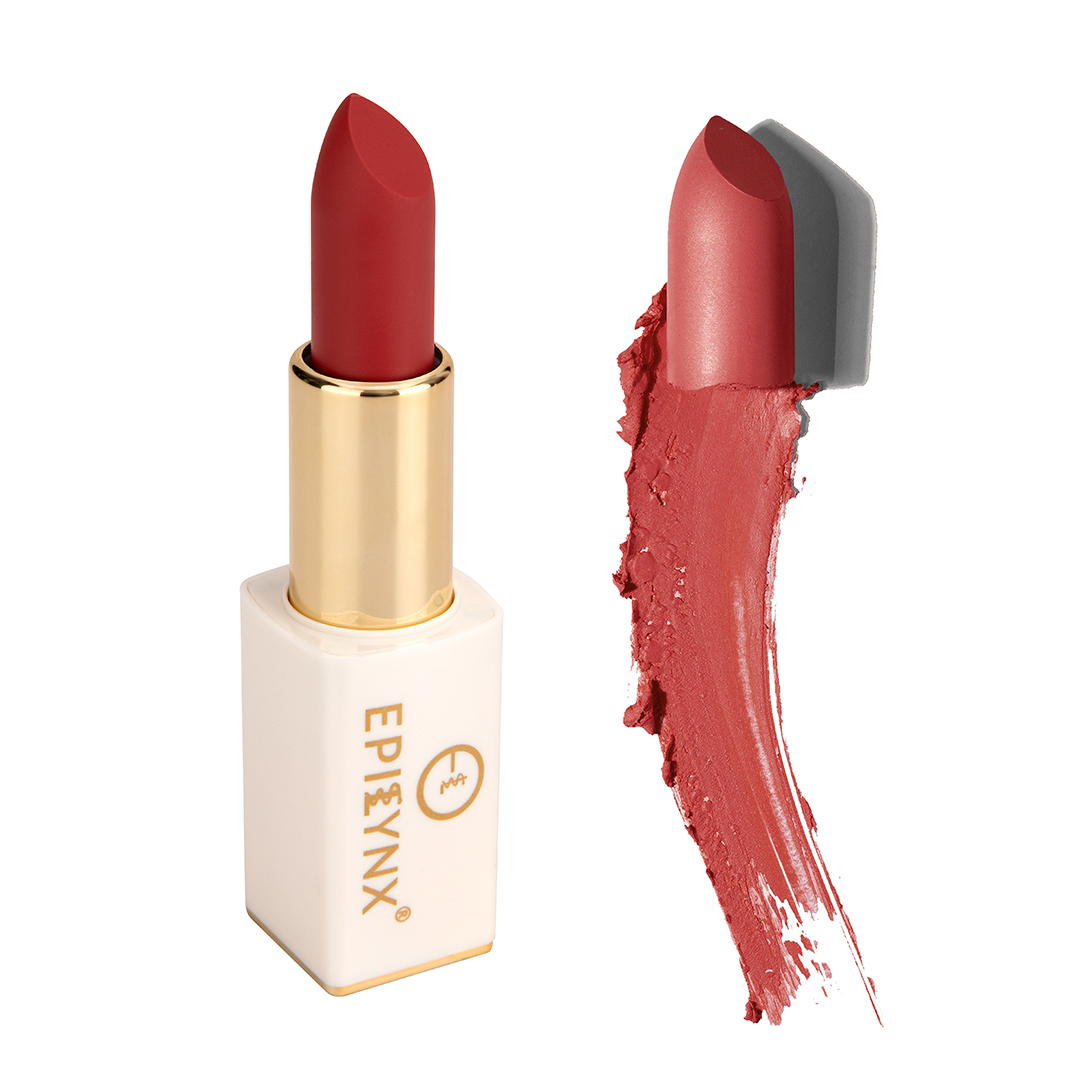 EpiLynx vegan matte lipstick in a magnetic case, showcasing a smooth, hydrating, long-wear lipstick in natural lighting.