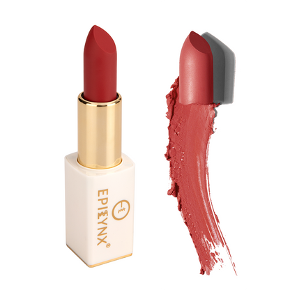 EpiLynx vegan matte lipstick in a magnetic case, showcasing a smooth, hydrating, long-wear lipstick in natural lighting.