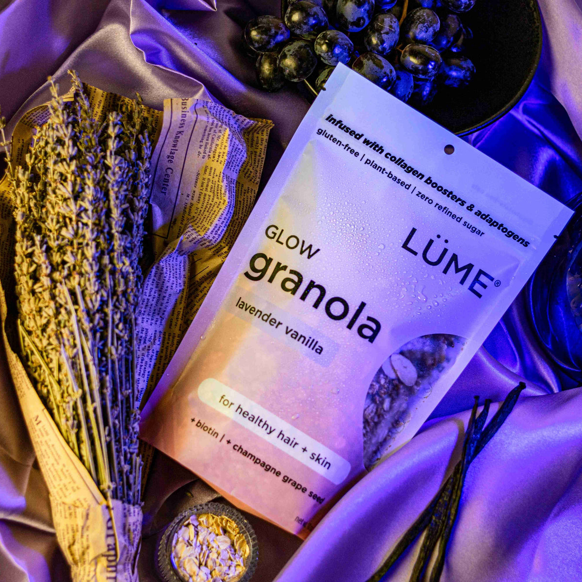 LÜME Lavender Vanilla Granola in a package with lavender and vanilla flavor imagery