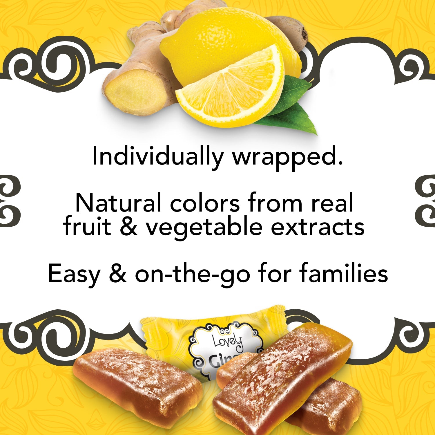 Bright image showing Lovely Candy Company's lemon ginger chews, highlighting their natural lemon and ginger ingredients.