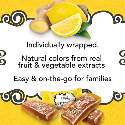 Bright image showing Lovely Candy Company's lemon ginger chews, highlighting their natural lemon and ginger ingredients.