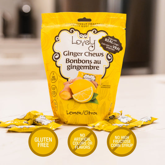 Lovely Candy Company lemon ginger chews in a clear package with lemon and ginger images, showcasing the chewy ginger candy.