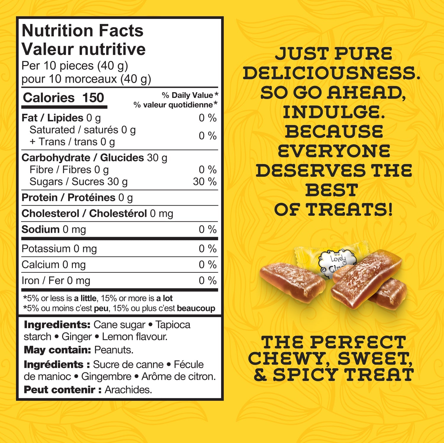 Lovely Candy Company lemon ginger chews in a clear wrapper, showing their bright yellow color and chewy texture.