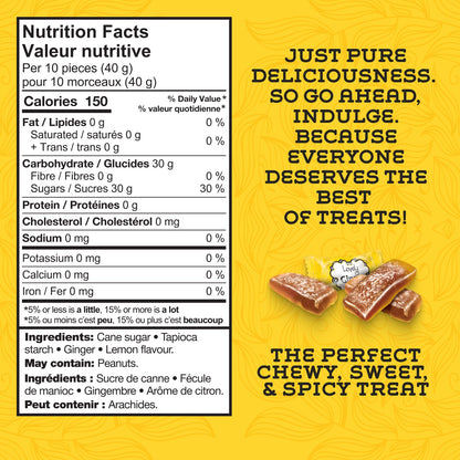 Lovely Candy Company lemon ginger chews in a clear wrapper, showing their bright yellow color and chewy texture.