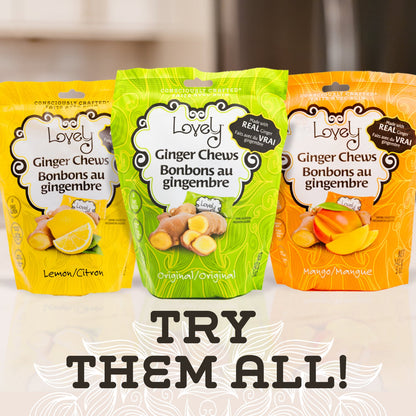 Sweet lemon ginger chews from Lovely Candy Company, showcasing the chewy texture and vibrant lemon flavor.