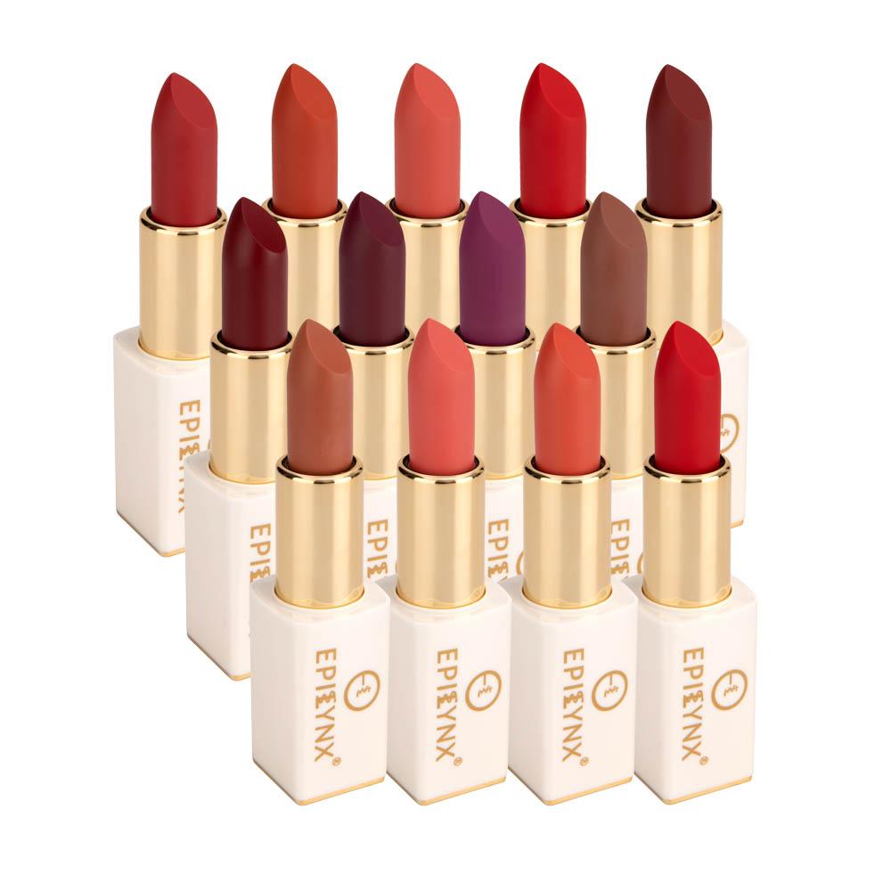 EpiLynx vegan matte lipstick in a magnetic case, featuring multiple shades, with a sleek, elegant lipstick group display.