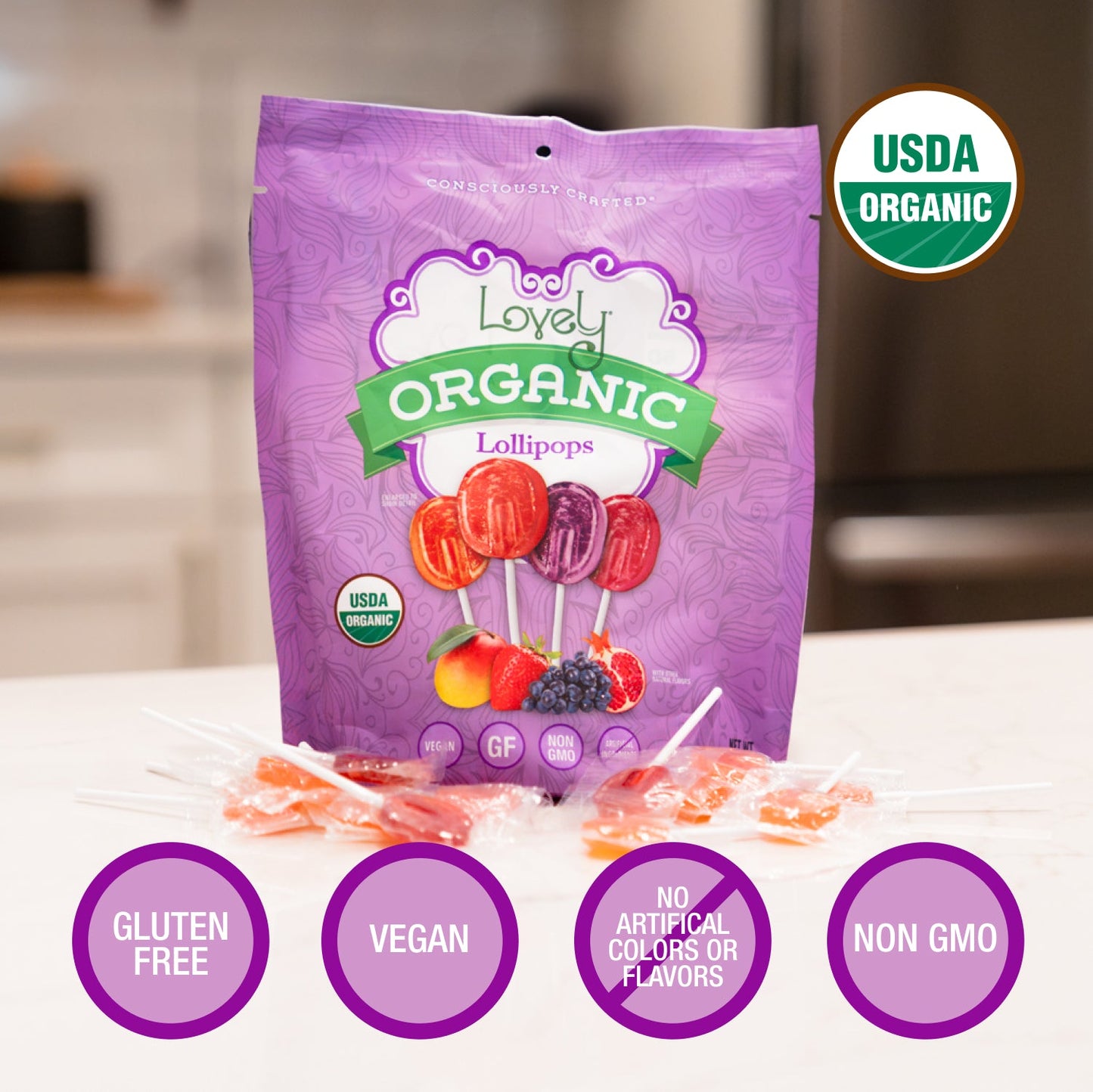 Colorful organic lollipops from Lovely Candy Company, showcasing vibrant, sweet candies with natural ingredients.