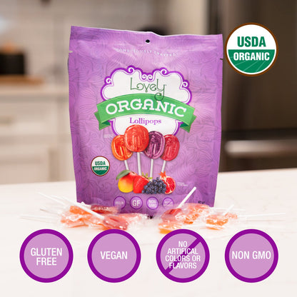 Colorful organic lollipops from Lovely Candy Company, showcasing vibrant, sweet candies with natural ingredients.