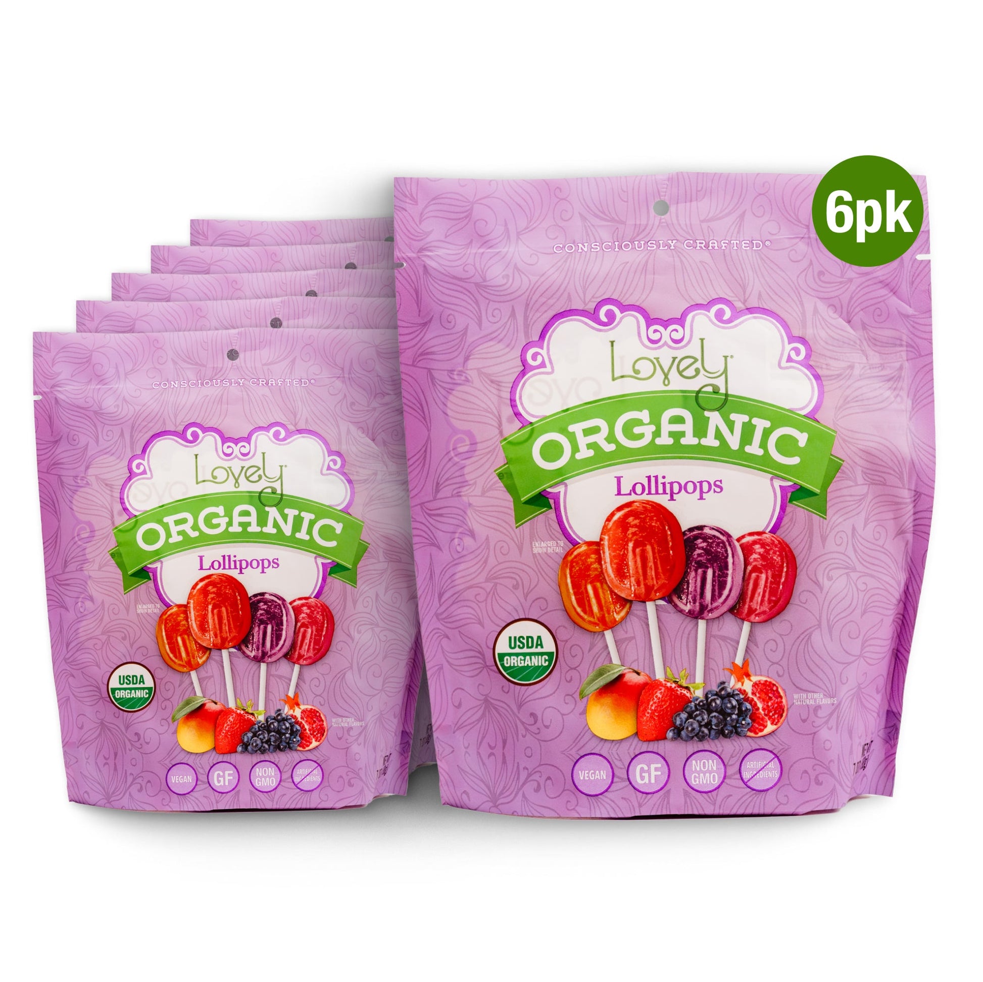 Six colorful organic lollipops from Lovely Candy Company displayed in a close-up image.