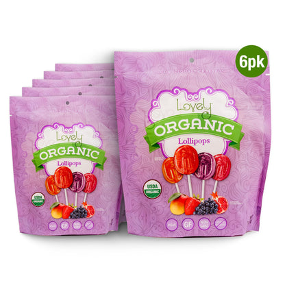 Six colorful organic lollipops from Lovely Candy Company displayed in a close-up image.