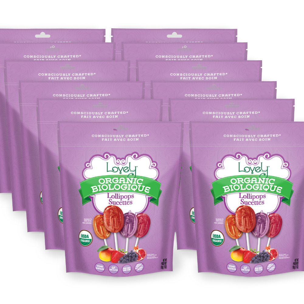 Set of 12 organic lollipops from Lovely Candy Company, colorful candy treats in clear packaging, 7 oz each.
