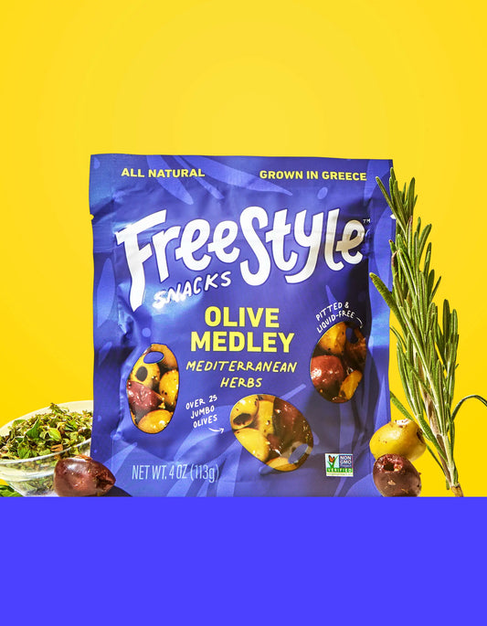 Bag of FreeStyle Snacks Mediterranean Herb Medley with colorful herbs and seasoning in a clear snack bag.