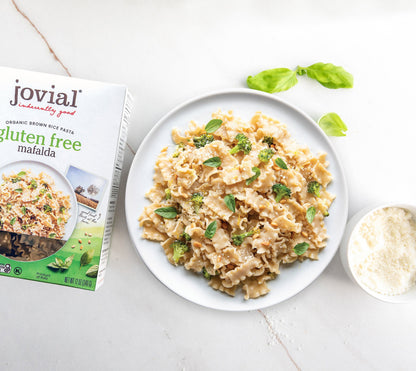 Gluten-free brown rice mafalda pasta from Jovial Foods, Inc, shown in a close-up image showcasing the pasta's texture and shape.