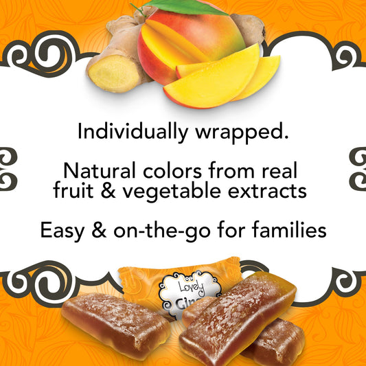Sweet mango ginger chews by Lovely Candy Company, showing the chewy texture and vibrant mango flavor.