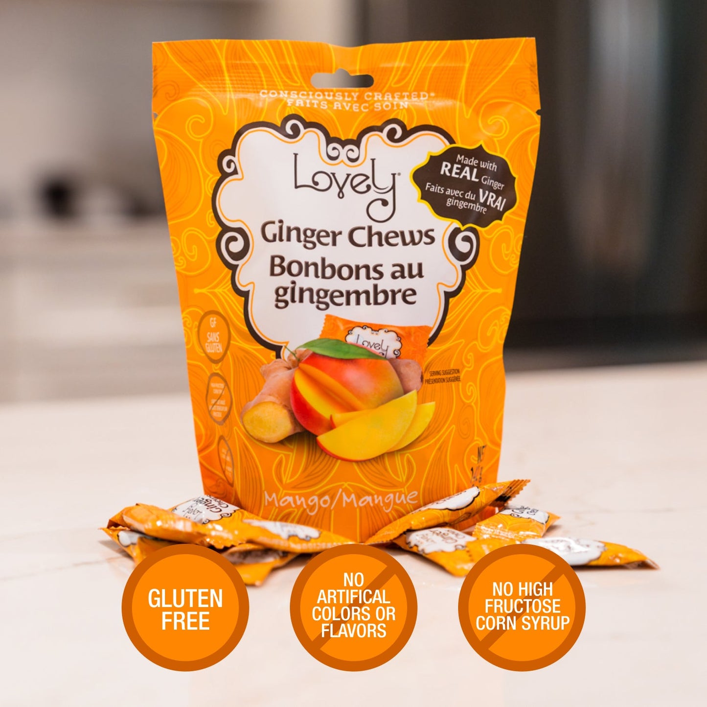 Sweet Mango Ginger Chews by Lovely Candy Company, showing colorful packaging of the ginger candy treats.