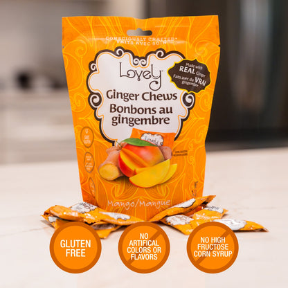 Sweet Mango Ginger Chews by Lovely Candy Company, showing colorful packaging of the ginger candy treats.