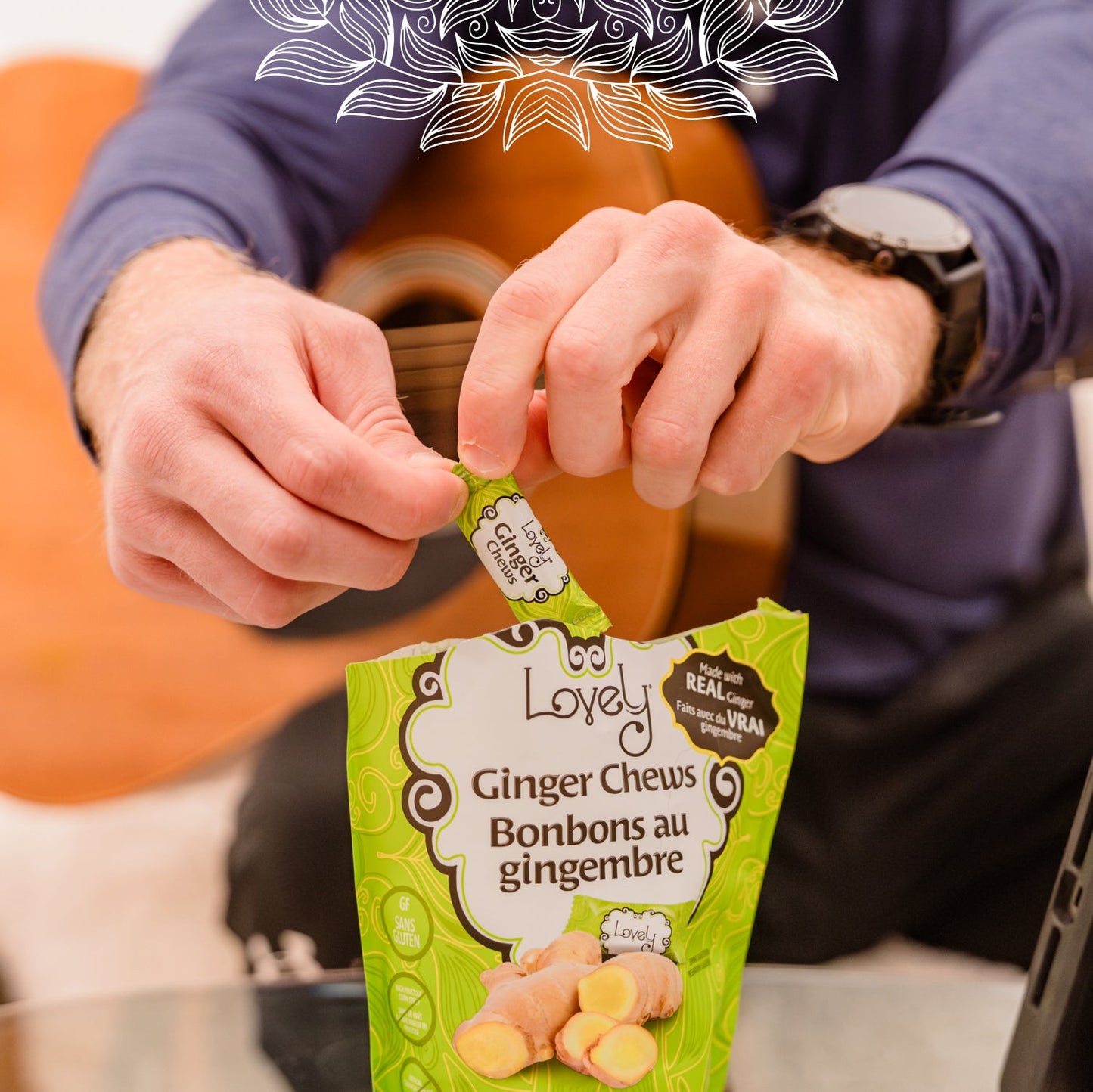 Sweet mango ginger chews by Lovely Candy Company displayed in a lifestyle setting, highlighting their fruity and spicy flavor.