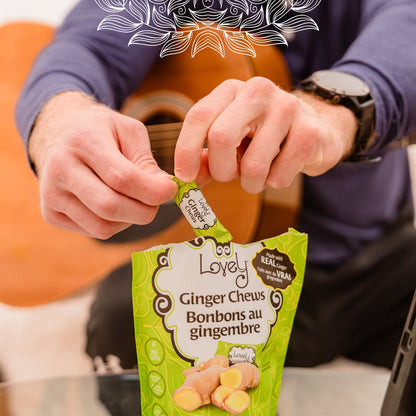 Sweet mango ginger chews by Lovely Candy Company displayed in a lifestyle setting, highlighting their fruity and spicy flavor.
