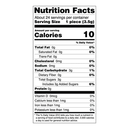 Nutrition facts label for Essential Candy Cacao Orange botanical hard candies, showing ingredients and nutritional information.
