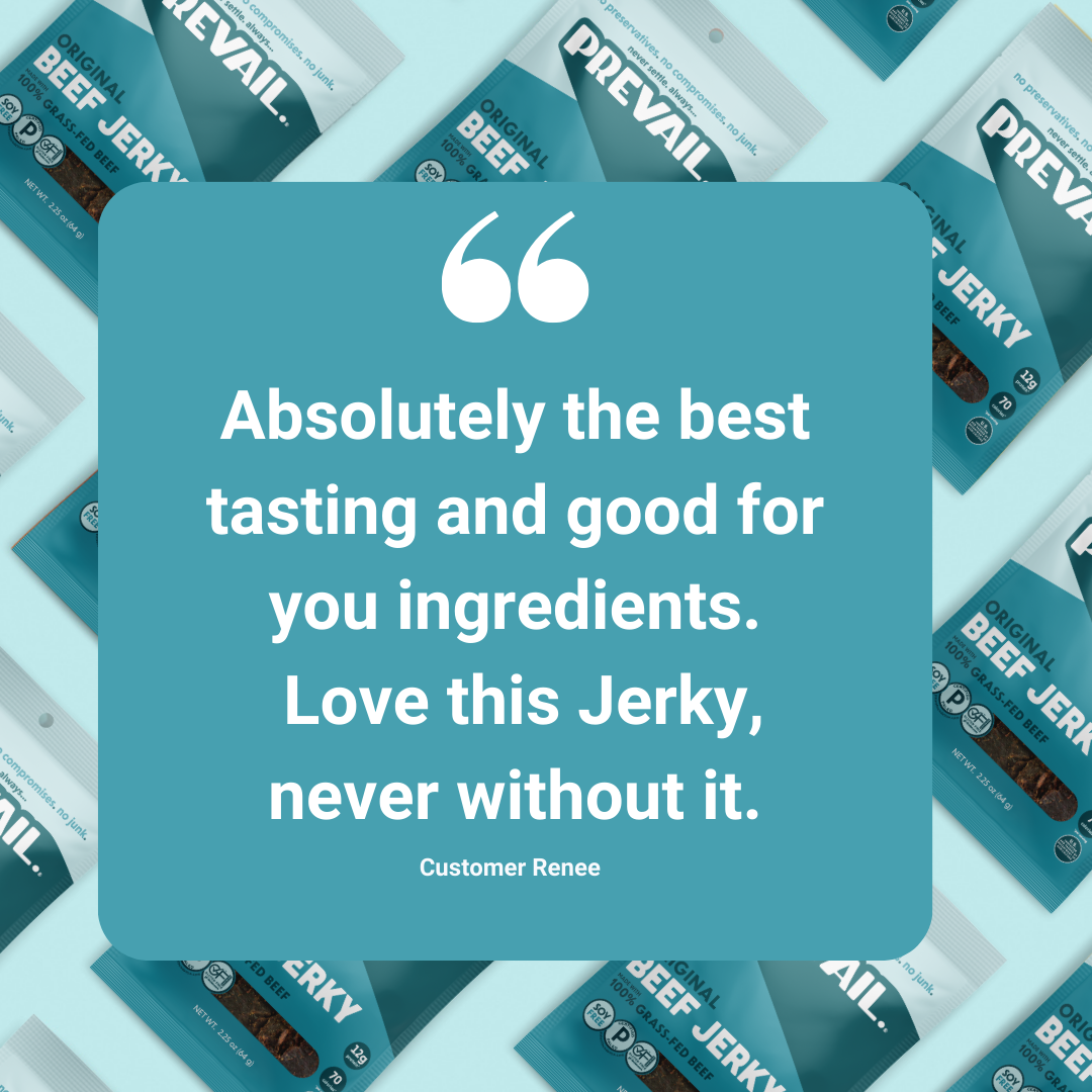 PREVAIL Jerky Original Beef Jerky single serve 8-pack, showing individual beef jerky strips in a resealable package.