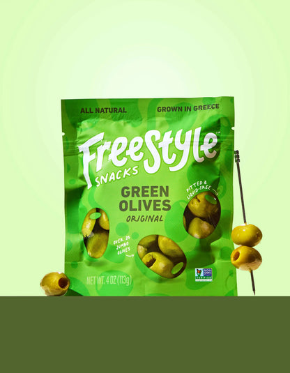 Bowl of Freestyle Snacks Green Olives in their original flavor, showcasing the vibrant green olives in a clear dish.