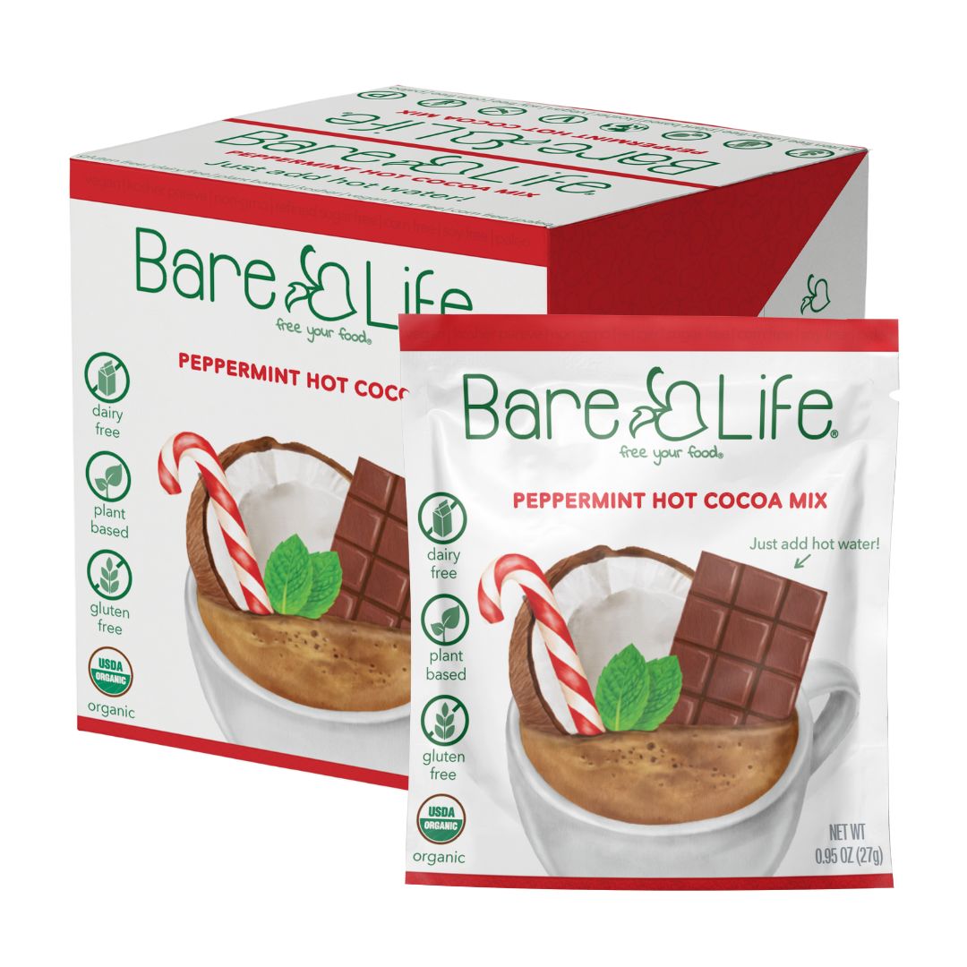 Single serving of Bare Life dairy-free peppermint hot cocoa mix in a 10-pack, gluten-free, vegan, and organic.