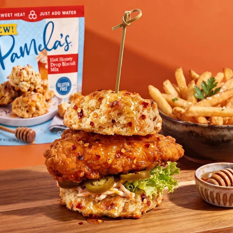 Pamela's Products hot honey biscuits drop biscuit mix bundle, showing golden baked biscuits with honey drizzle on a plate.