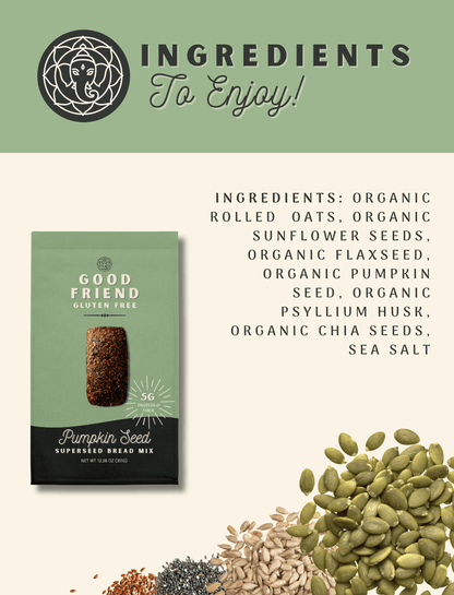 Good Friend pumpkin seed bread mix 4-pack ingredients package, 12.38 oz-packets