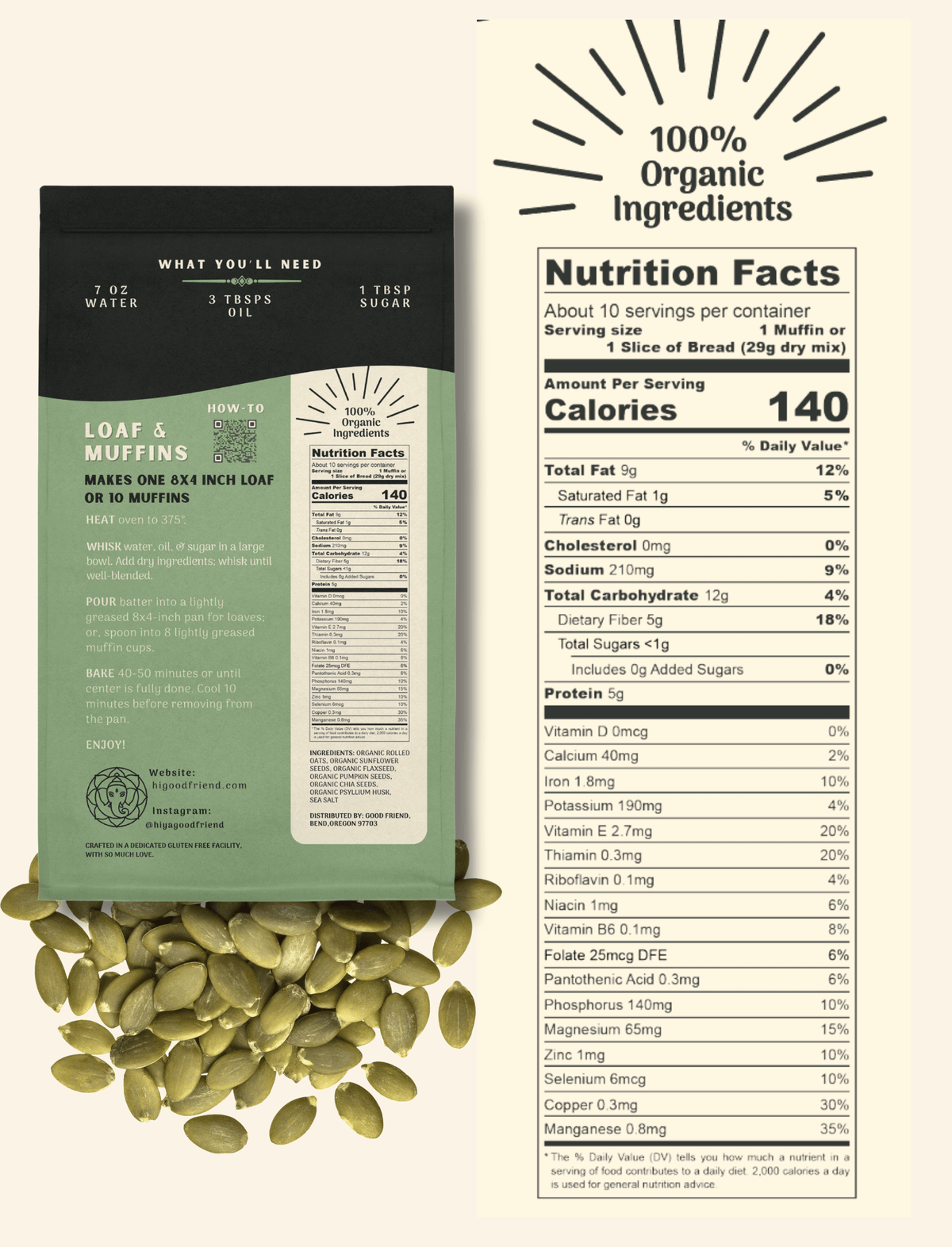 Good Friend Pumpkin Seed Bread Mix 4-pack nutrition panel with ingredients and serving information