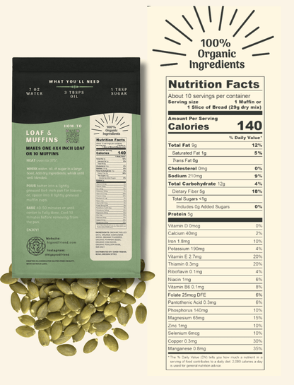 Good Friend Pumpkin Seed Bread Mix 4-pack nutrition panel with ingredients and serving information