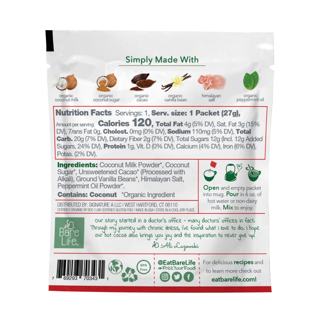 Back view of single serving packet of Bare Life dairy-free peppermint hot cocoa mix, gluten-free, vegan, and organic.