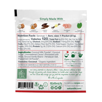 Back view of single serving packet of Bare Life dairy-free peppermint hot cocoa mix, gluten-free, vegan, and organic.