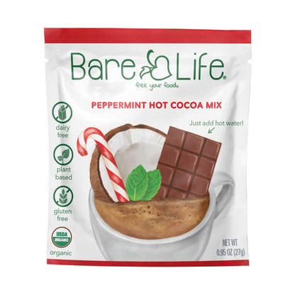 Single serving of Bare Life dairy-free peppermint hot cocoa mix in a package, gluten-free, vegan, and organic.