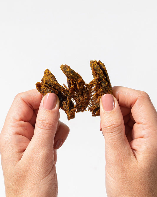 Close-up of Pan's Curry Mushroom Jerky showing the savory, meaty texture and seasoned surface of the mushroom jerky.