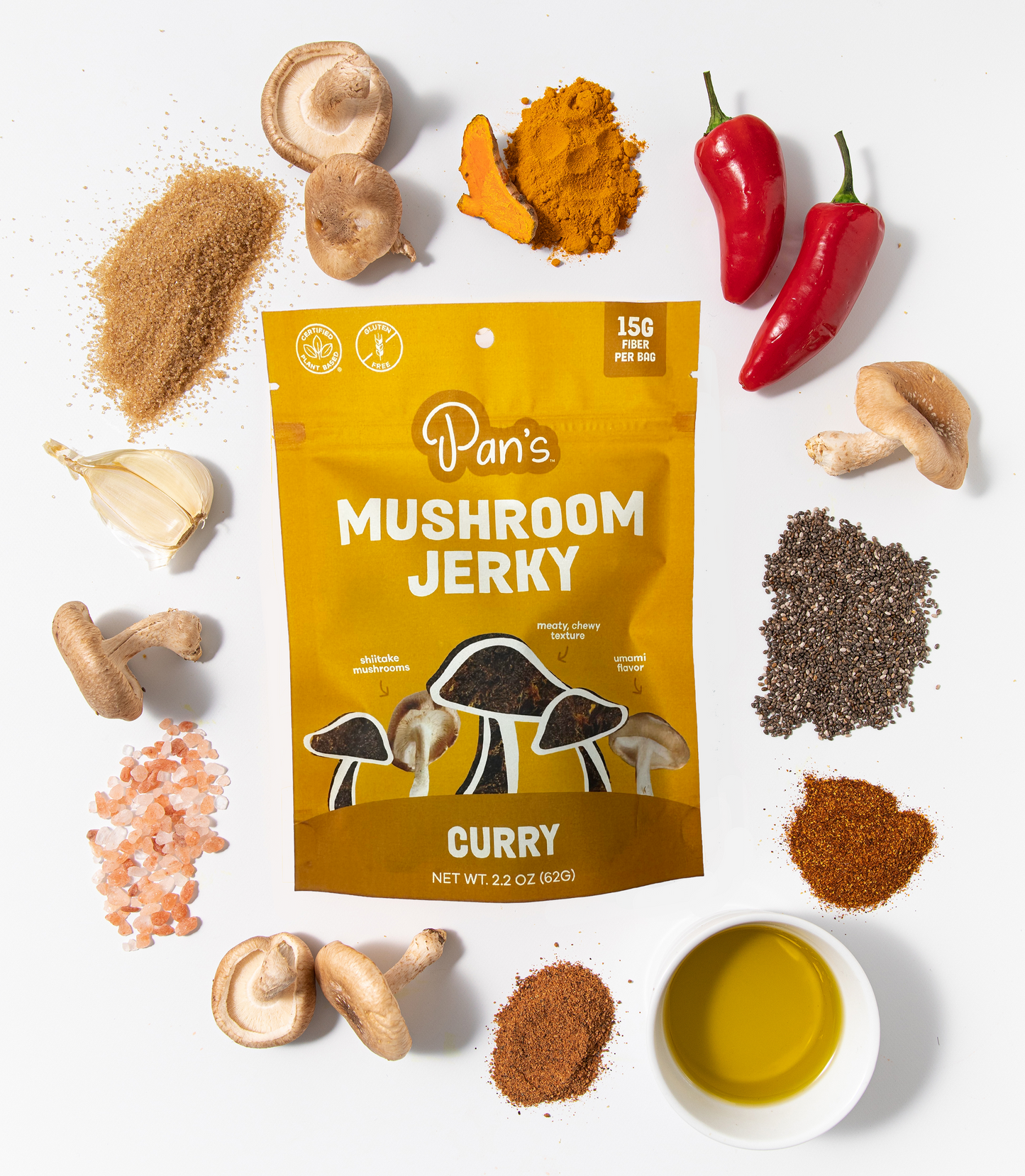 Pan's Mushroom Jerky with curry flavor, showing crispy mushroom slices coated in spicy curry seasoning.