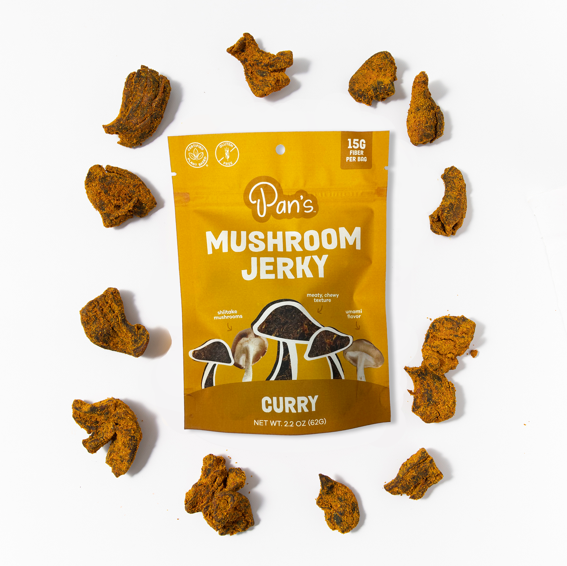 Pan's Mushroom Jerky curry flavor, showcasing dried mushroom slices with spices, in a resealable bag.